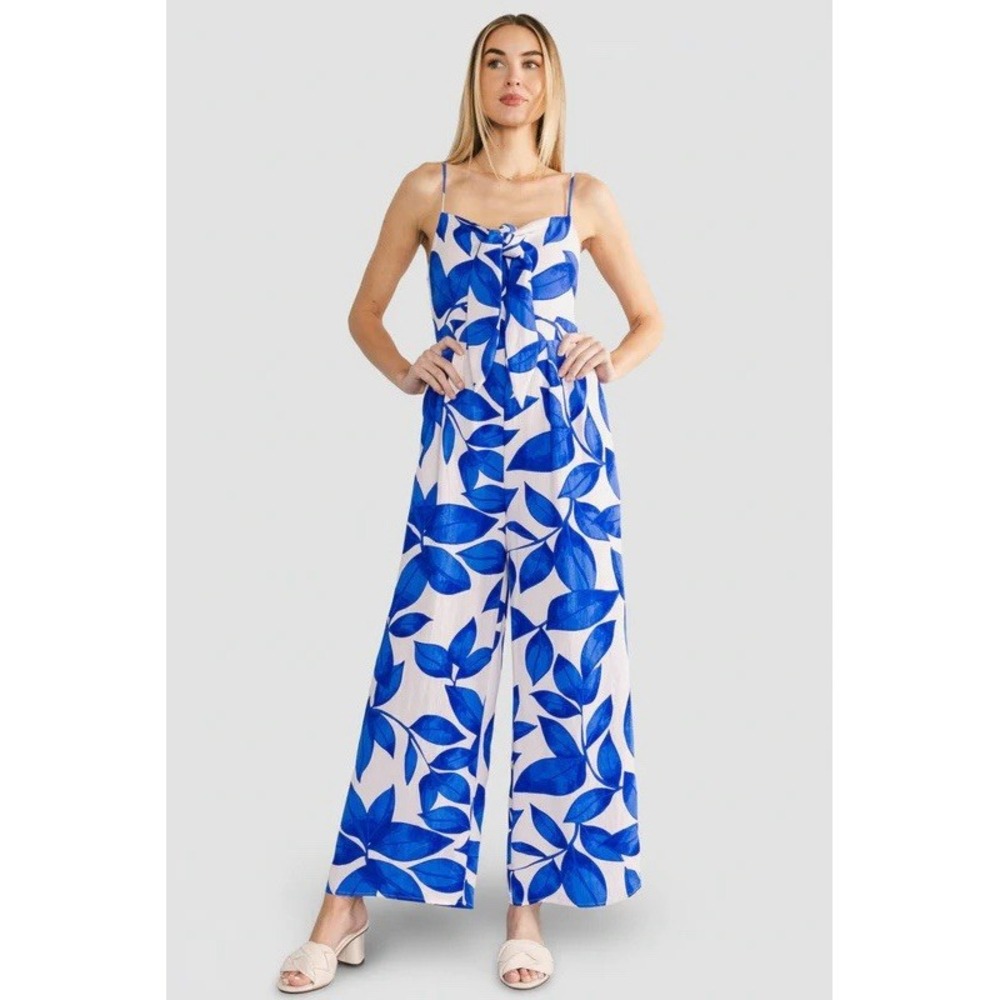 Baltic Born Noemie Jumpsuit Womens M Blue White Floral Smocked Tie Front